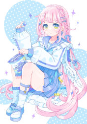  1girl :o angel_wings ankle_socks aqua_neckerchief bag blue_background blue_bow blue_eyes blue_nails blue_sailor_collar blue_skirt blunt_bangs bow braid candy collarbone colored_eyelashes crown_braid crystal_hair_ornament dot_nose earrings food frilled_sailor_collar frills fruit gradient_eyes grapes hair_bow hair_ornament hairclip high-waist_skirt highres holding holding_bag holding_food holding_fruit jacket jewelry knees_up light_blush long_hair long_sleeves looking_at_viewer mary_janes multicolored_eyes neckerchief original pink_hair pleated_skirt polka_dot polka_dot_background puffy_long_sleeves puffy_sleeves raised_eyebrows sailor_collar school_uniform serafuku shoes sidelocks simple_background single_earring sitting skirt socks sparkle tareme track_jacket two-tone_background two-tone_eyes very_long_hair white_background white_footwear white_jacket white_socks wings x_hair_ornament yellow_eyes yutukicom 