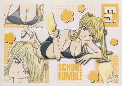  1girl absurdres ass barefoot bikini blonde_hair breasts butt_crack cleavage highres large_breasts medium_breasts multiple_views resolution_mismatch sawachika_eri school_rumble smile source_smaller swimsuit twintails yellow_eyes 