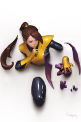  1girl absurdres black_bodysuit bodysuit brown_hair dragon finger_to_mouth gloves highres jee-hyung_lee kitty_pryde latex latex_bodysuit long_hair marvel open_mouth ponytail signature simple_background through_wall white_background x-men yellow_gloves  rating:General score:16 user:danbooru