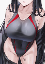  1girl alternate_costume black_hair blue_archive breasts cliov collarbone competition_swimsuit covered_navel grey_one-piece_swimsuit groin head_out_of_frame highleg highleg_swimsuit highres large_breasts leg_tattoo light_particles lips long_hair off_shoulder one-piece_swimsuit parted_lips rio_(blue_archive) solo swimsuit swimsuit_under_clothes tattoo thighs very_long_hair wet  rating:Sensitive score:36 user:danbooru