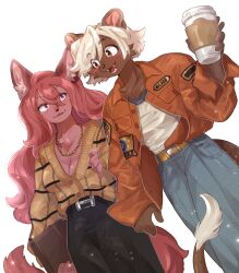  2girls animal_ears art_trade black_pants blonde_hair blush body_fur brown_cardigan brown_fur cardigan coffee_cup commentary cowboy_shot cup disposable_cup dutch_angle english_commentary fangs fur-tipped_tail furry furry_female hair_between_eyes hand_up highres holding holding_cup jacket jewelry lion_ears lion_girl lion_tail long_hair long_sleeves looking_at_another multiple_girls necklace open_mouth orange_jacket original pants pink_fur pink_hair purple_eyes rata_(norahasu) short_hair simple_background standing tail very_long_hair white_background wolf_ears wolf_girl wolf_tail 