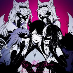  5girls absurdres animal_ear_fluff animal_ears asymmetrical_horns breasts cleavage colored_inner_hair demon_horns dog_ears dog_girl dress elbow_gloves evening_gown fuwawa_abyssgard gloves hair_ornament highres hololive hololive_english horns koseki_bijou large_breasts long_hair mask medium_breasts mococo_abyssgard multicolored_hair multiple_girls nerissa_ravencroft shiori_novella siblings sisters small_breasts virtual_youtuber yunare 