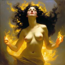 ai-generated belly black_hair breasts burning closed_eyes curvy fire long_hair navel nipples nude pyrokinesis seductress small_breasts william_bouguereau  rating:Explicit score:1 user:kitsuneshapeshifter