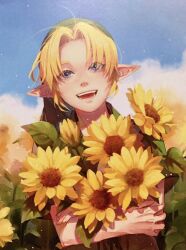 1boy blonde_hair blue_eyes bouquet crossed_arms eorinamo field flower flower_field green_hat green_tunic hat highres holding holding_bouquet link looking_at_viewer male_focus nintendo open_mouth outdoors parted_bangs pointy_ears pointy_hat short_hair sidelocks smile solo sunflower the_legend_of_zelda the_legend_of_zelda:_ocarina_of_time upper_body yellow_flower 