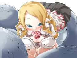  1boy 1girl anastasia_(mon-musu_quest!) black_skirt blonde_hair blue_eyes blush bmp-to-png_conversion bra breasts censored clothed_female_nude_male cross-laced_bra cross_print cum cum_on_body cum_on_breasts cum_on_testicles cum_on_upper_body drill_hair ejaculation erection facial fellatio femdom frfr game_cg hetero lamia large_breasts long_hair long_tongue luka_(mon-musu_quest!) mon-musu_quest! monster_girl mosaic_censoring non-web_source nude oral paizuri penis pointy_ears print_skirt quad_drills scales simple_background skirt tail_bondage testicles tongue tonguejob transparent_background two-tone_skirt underwear very_long_tongue white_bra white_shrug white_skirt  rating:Explicit score:5 user:danbooru