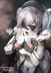 10s 1girl 2017 beret blindfold breasts covered_eyes dated employee_uniform epaulettes fellatio_gesture frilled_sleeves frills gloves hat heavy_breathing highres kantai_collection kashima_(kancolle) kerchief large_breasts military military_uniform open_mouth oral_invitation sexually_suggestive sidelocks silver_hair solo steam twintails ugeppa uniform wavy_hair white_gloves rating:Questionable score:30 user:danbooru