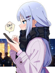  1girl black_scarf blue_eyes blue_hair blurry blurry_background blush cellphone checkered_clothes checkered_scarf coat commentary hair_ornament hairclip highres holding holding_phone idolmaster idolmaster_million_live! idolmaster_million_live!_theater_days light_blue_hair long_hair long_sleeves looking_at_another night ok_sign outdoors parted_lips phone purple_coat scarf shiraishi_tsumugi sidelocks smartphone solo sparkle sweat text_messaging trinitro_t upper_body 