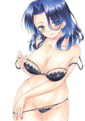 1girl black_bra black_panties blue_eyes blue_hair blush bra breasts cleavage closed_mouth collarbone cowboy_shot eyes_visible_through_hair forehead gluteal_fold hair_over_one_eye kantai_collection large_breasts marker_(medium) mature_female panties ren_(endscape20) simple_background smile solo standing strap_slip tatsuta_(kancolle) thigh_gap traditional_media underwear underwear_only undressing white_background rating:Questionable score:6 user:danbooru