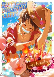  2boys ^_^ birthday_cake black_hair bracelet cake candle candlelight character_name closed_eyes commentary dated falling_petals fire flower food fruit hand_on_headwear happy_birthday hat highres instagram_logo instagram_username jewelry liqueur_shika log_pose male_focus monkey_d._luffy multiple_boys one_piece petals portgas_d._ace red_shirt scar scar_on_face shirt short_hair sky smile straw_hat strawberry sunlight twitter_logo twitter_username 