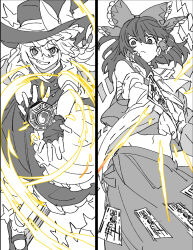  2girls apron ascot between_fingers bow braid chest_sarashi closed_mouth commentary detached_sleeves fighting_stance frilled_bow frilled_hair_tubes frills frown gloves gohei greyscale grin hair_bow hair_tubes hakurei_reimu hat hat_bow highres holding holding_gohei kirisame_marisa long_hair mary_janes mero_(starfish_jcs) mini-hakkero monochrome multiple_girls navel ofuda ofuda_between_fingers partially_fingerless_gloves ribbon-trimmed_sleeves ribbon_trim sarashi shoes short_sleeves side_braid single_braid skirt smile socks spot_color touhou vest witch_hat yin_yang 