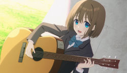  1girl :d black_jacket blazer blue_bow blue_bowtie blue_eyes bow bowtie brown_hair collared_shirt dutch_angle extreme_hearts guitar hayama_hiyori highres ikawa_waki instrument jacket looking_at_viewer music official_art open_mouth playing_instrument promotional_art school_uniform shirt short_hair smile solo white_shirt 