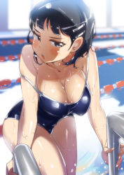 10s 1girl black_eyes black_hair blue_one-piece_swimsuit blush breasts cleavage collarbone competition_school_swimsuit hair_ornament hairclip kirigaya_suguha lane_line large_breasts leaning_forward looking_at_viewer off_shoulder one-piece_swimsuit open_mouth pool pool_ladder school_swimsuit short_hair solo strap_slip swimsuit sword_art_online tashiromotoi taut_clothes taut_swimsuit teeth wet wet_hair rating:Sensitive score:155 user:danbooru