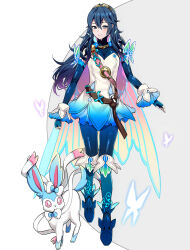  1girl alternate_color ameno_(a_meno0) blue_eyes blue_footwear blue_gloves blue_hair boots brand_of_the_exalt cape closed_mouth commentary creatures_(company) crossover dress elbow_gloves fingerless_gloves fire_emblem fire_emblem_awakening fire_emblem_heroes full_body game_freak gen_6_pokemon gloves gradient_dress hair_between_eyes knee_boots long_hair lucina_(fire_emblem) lucina_(resplendent)_(fire_emblem) nintendo official_alternate_costume pokemon pokemon_(creature) shiny_pokemon smile sylveon symbol-only_commentary symbol_in_eye tiara 