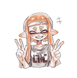  +++ 1girl ^_^ blunt_bangs blush_stickers closed_eyes commentary cropped_torso facing_viewer film_grain grin hands_up happy inkling inkling_girl inkling_player_character long_hair nintendo orange_hair pointy_ears print_shirt shirt short_sleeves simple_background smile solo splatoon_(series) straight-on symbol-only_commentary tentacle_hair thenintlichen96 twintails w white_background white_shirt 