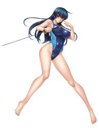 1girl bare_legs bare_shoulders barefoot blue_hair breasts closed_mouth commentary_request competition_swimsuit covered_navel fingernails full_body green_eyes highres holding holding_sword holding_weapon igawa_asagi kagami_hirotaka large_breasts long_hair looking_at_viewer official_art one-piece_swimsuit parted_lips reverse_grip revision shiny_clothes shiny_skin simple_background solo swimsuit sword taimanin_(series) taimanin_asagi taimanin_asagi_zero thighs weapon white_background wide_hips rating:Sensitive score:50 user:danbooru