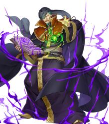  1boy attack beard black_robe black_turban book facial_hair fire_emblem fire_emblem:_the_blazing_blade fire_emblem_heroes grey_hair hat_over_one_eye highres holding holding_book nergal_(fire_emblem) nintendo non-web_source official_art old old_man open_book parted_lips robe smile solo turban 
