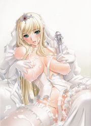  1girl aftersex aqua_eyes blonde_hair blush breasts bride cum dress g.j? game_cg gloves gradient_background green_eyes highres juice large_breasts navel nipples princess_juliette pussy queen queen_bonjourno sano_toshihide solo sweat wedding_dress  rating:Explicit score:137 user:freeknight