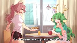 !? 2girls animal_ears antlers arai_shinomiya blanket breasts cat_ears cat_girl cat_tail chair clothes_hanger coffee_mug commentary cowboy_shot cup day english_commentary english_text fang food green_eyes green_hair haruka_karibu highres horns indie_virtual_youtuber indoors long_hair looking_at_another mug multiple_girls open_clothes open_mouth pink_eyes pink_hair plate ponytail shinomiya_arts shirt short_sleeves shorts sitting skin_fang standing steam table tail teeth virtual_youtuber window rating:Sensitive score:4 user:danbooru