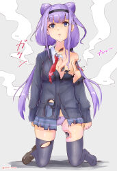  1girl absurdres android blank_eyes breasts damaged hairband highres japanese_text joints kneeling long_hair medium_breasts miniskirt necktie panties precure purple_eyes purple_hair rasen_manga robot_joints ruru_amour school_uniform shoes simple_background single_shoe skirt solo thighhighs torn_clothes twintails underwear  rating:Sensitive score:2 user:halkras12