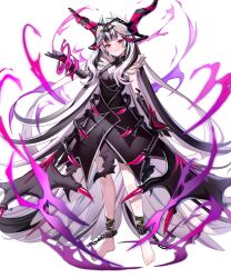  1girl absurdly_long_hair alternate_eye_color anklet barefoot black_dress black_gloves black_hair breasts crown cuffs dress feather_trim fire_emblem fire_emblem_engage fire_emblem_heroes gloves highres jewelry long_hair looking_at_viewer multicolored_hair nintendo non-web_source official_alternate_costume official_alternate_eye_color official_art red_eyes shackles small_breasts smile solo streaked_hair tachi-e very_long_hair veyle_(fell_successor)_(fire_emblem) veyle_(fire_emblem) white_hair 