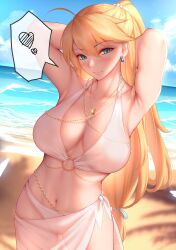 1girl absurdres ahoge arm_at_side armpits arms_up artoria_pendragon_(fate) artoria_pendragon_(lancer)_(fate) beach bikini blonde_hair blue_eyes breasts cleavage closed_mouth cloud day earrings fate/grand_order fate_(series) genkung heart highres jewelry large_breasts long_hair looking_at_viewer navel necklace o-ring o-ring_bikini outdoors ponytail ring ring_necklace sand sarong see-through smile solo speech_bubble spoken_heart swimsuit very_long_hair water white_bikini rating:Sensitive score:44 user:danbooru