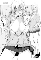  1girl :d ^_^ artist_name blush bow bowtie breasts cardigan cleavage closed_eyes commentary_request dated full_body gluteal_fold grey_background greyscale hair_between_eyes highres kichihachi large_breasts laughing loafers long_hair looking_at_viewer lying mole mole_on_thigh monochrome multiple_views on_back open_mouth original pleated_skirt school_uniform shirt shoes skirt smile standing sweat thighs two-tone_background w white_background 
