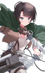 1girl :&lt; absurdres belt belt_buckle blue_eyes brown_belt brown_hair brown_jacket buckle cable cape collared_shirt commentary cosplay cowboy_shot dark_skin dress_shirt floating_cape floating_clothes gradient_eyes green_cape green_eyes highres holding holding_sword holding_weapon hololive jacket light_blush light_particles looking_at_viewer mikasa_ackerman mikasa_ackerman_(cosplay) multicolored_eyes nishiki_yuno oozora_subaru pantyhose paradis_military_uniform parted_lips shingeki_no_kyojin shirt short_hair simple_background solo steam suspenders sword thigh_strap three-dimensional_maneuver_gear tomboy virtual_youtuber weapon white_background white_pantyhose white_shirt