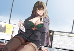  1girl :d adobe_photoshop arm_support black_choker black_jacket black_panties black_pantyhose blush bra breasts brown_hair choker cleavage collarbone counter-strike_(series) desk eyewear_on_head green_bra highres holding holding_tablet_pc huge_breasts jacket keenh long_hair looking_at_viewer monitor nipples office_lady on_desk open_mouth original panties pantyhose pencil_skirt sitting skirt smile solo spreadsheet sunglasses tablet_pc thick_thighs thighs underwear window youtube 