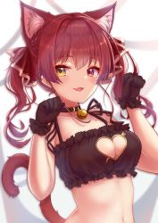 1girl animal_ears blush breasts cat_cutout cat_ears cat_lingerie cleavage_cutout clothing_cutout heterochromia highres hololive houshou_marine long_hair looking_at_viewer meme_attire mihanada_kanata navel paw_pose red_eyes red_hair ribbon smile solo twintails underwear virtual_youtuber yellow_eyes rating:Sensitive score:36 user:danbooru