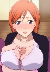  1boy 1girl bleach blush breast_hold breasts censored cleavage collarbone eyebrows eyelashes fingernails hair_ornament hetero highres huge_breasts indoors inoue_orihime kh-fullhouse long_hair looking_at_viewer mosaic_censoring open_mouth orange_hair paizuri paizuri_under_clothes penis penis_under_another&#039;s_clothes pov purple_eyes smile solo_focus sweat swept_bangs upper_body wooden_floor  rating:Explicit score:229 user:kwkji