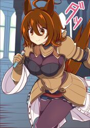  1girl agnes_tachyon_(umamusume) ahoge alternate_costume animal_ears armor bandolier breasts brown_eyes brown_gloves brown_hair capelet closed_mouth coat commentary_request cork corset cowboy_shot earrings gloves highres holding holding_test_tube horse_ears horse_girl indoors jewelry lab_coat long_sleeves medium_breasts open_clothes open_coat pants smile solo tail_raised test_tube umamusume wahiko_(black_bastard) 