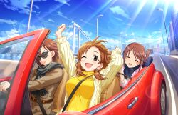 3girls belt brown_eyes brown_hair building car cityscape closed_eyes cloud earrings game_cg idolmaster idolmaster_cinderella_girls idolmaster_cinderella_girls_starlight_stage jewelry katagiri_sanae kiba_manami lamppost low_twintails mifune_miyu motor_vehicle multiple_girls necklace official_art one_eye_closed open_mouth road scarf seatbelt smile street sunglasses sweater turtleneck turtleneck_sweater twintails