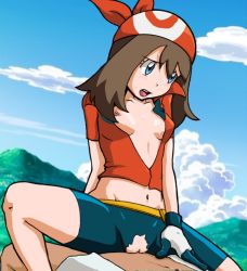 1boy 1girl ash_ketchum blush breasts brown_hair clothed_sex creatures_(company) game_freak girl_on_top hetero may_(pokemon) medium_breasts midriff navel nintendo nipples onisan open_mouth pokemon pokemon_(anime) pokemon_rse pussy sex tagme uncensored  rating:Explicit score:49 user:Cro_cell