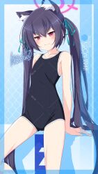  1girl alternate_costume animal_ear_fluff animal_ears aqua_ribbon artist_name black_one-piece_swimsuit blue_archive cat_ears character_name commentary_request feet_out_of_frame flat_chest glaze_artifacts grid_background hair_ribbon highres inaba_shiki long_hair looking_at_viewer navel new_school_swimsuit one-piece_swimsuit red_eyes ribbon school_swimsuit serika_(blue_archive) signature solo swimsuit twintails 