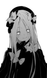 1girl abigail_williams_(fate) black_dress black_hat bow dress fate/grand_order fate_(series) greyscale hair_bow hat head_tilt highres long_hair looking_at_viewer monochrome multiple_hair_bows parted_bangs simple_background smile solo tsukamoto_minori upper_body white_background  rating:General score:14 user:danbooru