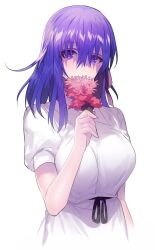  1girl black_ribbon bouquet bow collared_dress covered_mouth cropped_torso dress eyebrows_hidden_by_hair fate/stay_night fate_(series) female_focus fingernails flower hair_between_eyes hair_ribbon heaven&#039;s_feel holding holding_bouquet long_fingernails long_hair looking_to_the_side matou_sakura pink_bow purple_eyes purple_hair ribbon simple_background solo tsukimoto_aoi white_background white_dress 