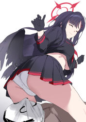  1boy 1girl ass black_gloves black_hair black_sailor_collar black_serafuku black_shirt black_skirt black_wings blue_archive blush breasts closed_eyes closed_mouth crop_top crop_top_overhang doodle_sensei_(blue_archive) feathered_wings gloves hair_ornament hairclip halo highres ichika_(blue_archive) large_breasts long_hair long_sleeves neckerchief panties pleated_skirt red_neckerchief sailor_collar saruanu school_uniform sensei_(blue_archive) serafuku shirt skirt smile thighs underwear white_panties wings  rating:Questionable score:28 user:danbooru