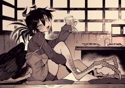  1girl :d alcohol antenna_hair bags_under_eyes beer bike_shorts bird_legs claws clothing_cutout crow-chan_(karasu_raven) cup cushion drinking_glass drunk folded_ponytail food greyscale hair_between_eyes half-closed_eyes holding_glass karasu_raven long_sleeves low_wings monochrome monster_girl open_mouth original plate sitting sleeves_past_wrists slit_pupils smile solo strap_slip table tsurime wings 