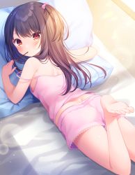  1girl adachi_tenka ass bad_id bad_pixiv_id bare_arms bare_shoulders barefoot bed brown_hair camisole closed_mouth commentary_request commission cube_hair_ornament feet food food_in_mouth hair_ornament highres indoors komachi_pochi leg_up loli long_hair lying mouth_hold nipples on_stomach one_side_up panties pillow pink_camisole pink_shorts pocky red_eyes short_shorts shorts shoujo_ramune skeb_commission soles solo strap_slip sunlight sunrise underwear white_panties window  rating:Questionable score:168 user:danbooru