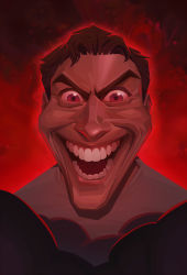  1boy brown_hair commentary corax42 crazy english_commentary evil_grin evil_smile grey_shirt grin highres jerma985 jerma985_(person) looking_at_viewer meme open_mouth portrait real_life red_background red_eyes red_theme second-party_source shirt short_hair smile solo 