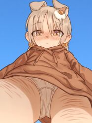  1girl absurdres blue_background blush brown_eyes brown_hoodie cameltoe closed_mouth dog_girl dog_tail drawstring egg_hair_ornament food-themed_hair_ornament from_below funny_(syrupmelty) grey_hair hair_bobbles hair_ornament highres hood hoodie loli long_sleeves looking_at_viewer looking_down low_twintails medium_hair no_pants nose_blush original panties short_twintails simple_background solo syrupmelty tail twintails underwear white_panties 