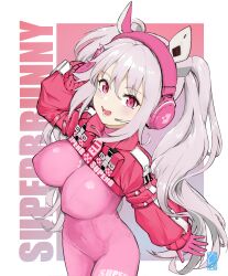  1girl absurdres alice_(nikke) animal_ear_headphones animal_ears arescr bodysuit breasts fake_animal_ears gloves goddess_of_victory:_nikke grey_hair headphones highres impossible_bodysuit impossible_clothes latex latex_bodysuit long_hair looking_at_viewer medium_breasts open_mouth pink_bodysuit pink_eyes pink_gloves pink_headphones shrug_(clothing) skin_tight solo two-tone_gloves  rating:Sensitive score:7 user:danbooru