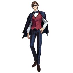  1boy artist_request belt black_bow black_bowtie black_jacket black_pants blazer bow bowtie brown_footwear brown_hair buttons closed_mouth collared_shirt crossover dress_shoes dried_squid facing_viewer food_in_pocket full_body girls&#039;_frontline jacket jacket_on_shoulders long_sleeves male_focus official_art pants red_vest shirt short_hair simple_background smile solo standing sunglasses tatsumi_koutarou third-party_source transparent_background vest white_shirt zombie_land_saga 