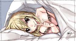 1girl blonde_hair blush breast_press breasts brown_eyes camisole fairy_tail finger_to_mouth looking_at_viewer lucy_heartfilia lying mashima_hiro nose_blush official_art on_side pillow signature sketch solo strap_slip under_covers rating:Sensitive score:60 user:danbooru