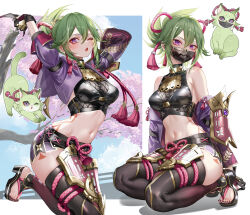 1girl absurdres animalization bare_shoulders black_shirt black_thighhighs blue_sky breasts cat commentary_request crop_top day genshin_impact green_hair highres jacket kuki_shinobu long_sleeves looking_at_viewer mask medium_breasts midriff mouth_mask multiple_views nail_polish navel off_shoulder one_eye_closed open_clothes open_jacket open_mouth pottsness purple_eyes purple_jacket seiza shirt short_hair short_shorts shorts sitting sky sleeveless sleeveless_shirt stomach thighhighs thighs toenail_polish toenails rating:Sensitive score:24 user:danbooru