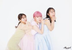 3girls aida_rikako furihata_ai indoors kobayashi_aika multiple_girls photo_(medium) simple_background standing voice_actor