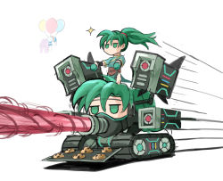  2girls baking_sheet balloon caterpillar_tracks chibi commentary cookie english_commentary fire_emblem fire_emblem:_the_blazing_blade florina_(fire_emblem) food gloves green_eyes green_hair ground_vehicle highres jitome laser long_hair lyn_(fire_emblem) military military_vehicle motor_vehicle multiple_girls nintendo no_mouth ponytail saiykik simple_background solo_focus speed_lines tank tray what white_background  rating:Sensitive score:5 user:danbooru