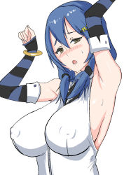  1girl armpits blue_hair blush breasts highres natsumi_moe nipples open_mouth sweat virtual_youtuber yellow_eyes  rating:Questionable score:12 user:AhmedRifka