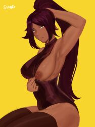 1girl absurdres arm_behind_head armpits artist_name bare_shoulders black_leotard black_thighhighs bleach breasts closed_mouth commentary dark-skinned_female dark_skin english_commentary highres large_breasts leotard leotard_pull long_hair looking_at_viewer nipples one_breast_out parted_bangs ponytail pulled_by_self purple_hair shibbunny shihouin_yoruichi sitting sleeveless_turtleneck_leotard solo thighhighs thighs toned_female very_long_hair yellow_background yellow_eyes 