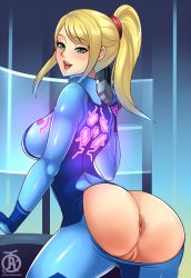 1girl anus artist_name ass ass_cutout blonde_hair bodysuit breasts cleft_of_venus clothing_cutout from_behind green_eyes gun large_breasts lips looking_back metroid nintendo open_mouth ponytail pussy revolverwing samus_aran skin_tight solo torn_clothes uncensored weapon zero_suit rating:Explicit score:106 user:chucky69